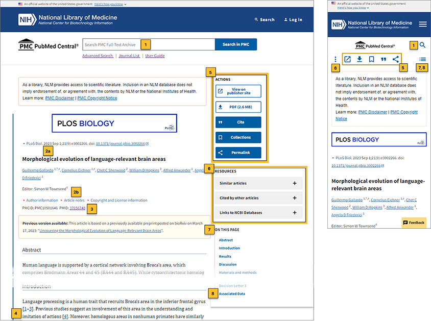 Screenshot of an article as viewed on a desktop and mobile with numbered callouts corresponding to the numbered list descriptions.
